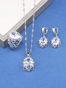 4 件裝新品 925 鍍銀 Aaa+ 品質方晶鋯石耳環項鍊吊墜戒指珠寶組適合女士婚禮派對禮物 - 白色 - 查看 2