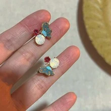 2 Piezas Estilo De Pintura Al Óleo Francés De Esmalte Con Diseño De Mariposa Y Flor De Pedrería Pendientes Para Mujeres, Uso Diario - estilo 1 - Ver 10
