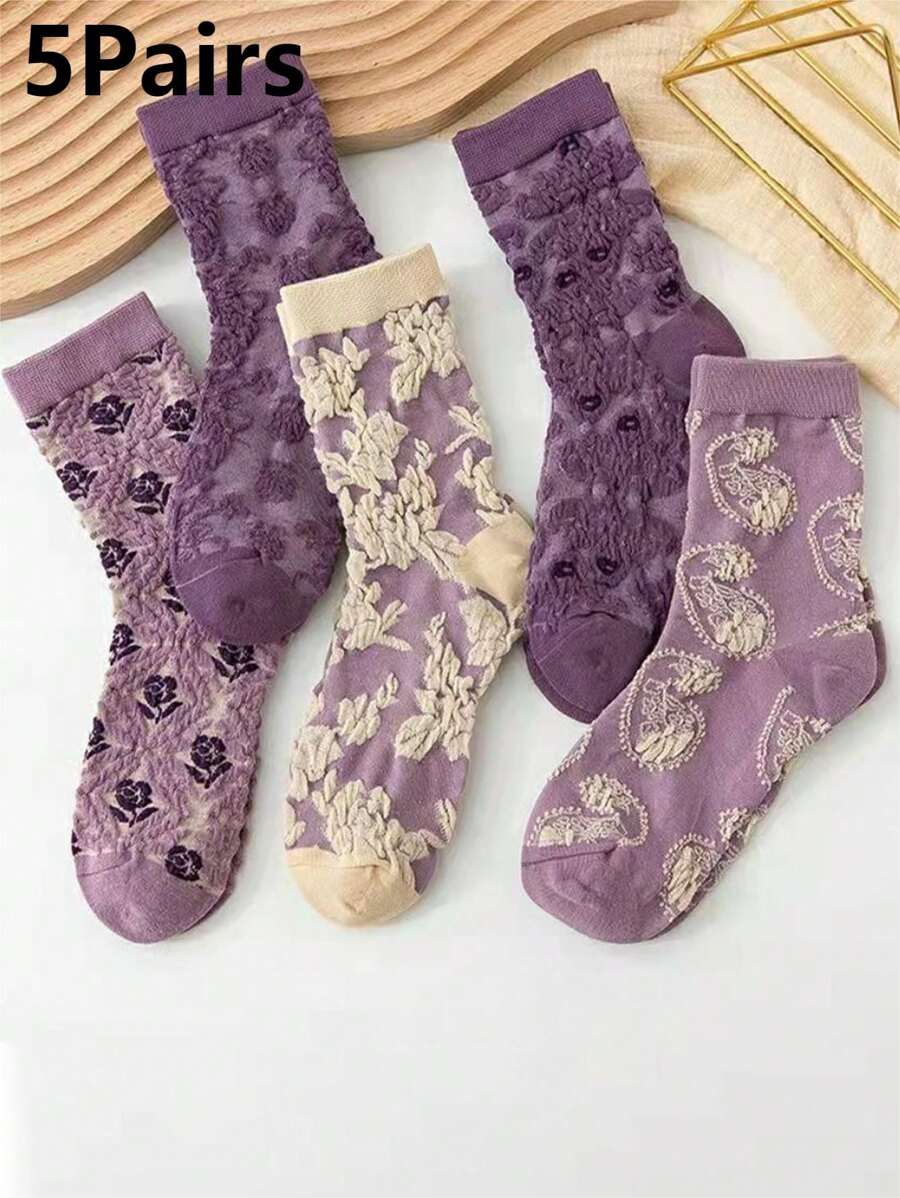 5雙女式復古風格花卉紋中筒襪 - 紫色 - 查看 1