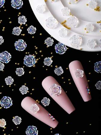 104Pcs/Set 3D Transparent Camellia Shiny Resin Nail Art Decoration Parts Diy Matte Pearl Heavenly Light Camellia Size Mixed Rhinestones Suitable For Party Casual Cute Girl Art Nail Art Accessories Four Seasons Style Japanese And Korean Style Nail Charms Nail Gems Nail Supplies Nails