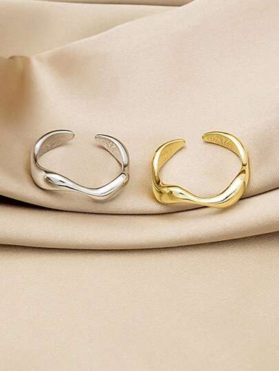 2قطعة حلقات مفتوحة بتصميم هندسي قابلة للتراكم بموجة ملتفة للنساء، خواتم للارتداء اليومي للأزواج