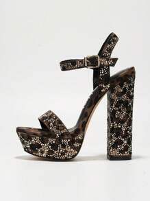 Women's Rhinestone Ankle Buckle Wrap Platform Heels - Platform Round Toe Pumps Ultra High Heel For Weekend - màu nâu - Xem 2