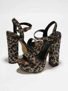 Women's Rhinestone Ankle Buckle Wrap Platform Heels - Platform Round Toe Pumps Ultra High Heel For Weekend - màu nâu - Xem 3