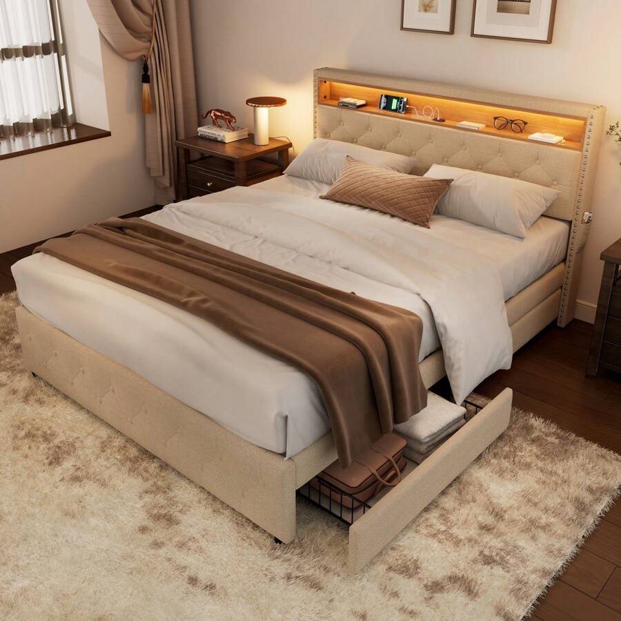 Flieks Upholstered Bed, 150*200 Cm Functional Bed, LED Light Bed, Bedside Pocket Design, With Four Storage Drawers, Slatted Frame, Mattress Not Included, Linen, Beige - Beige - View 1
