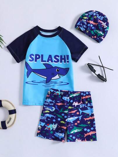 3pcs/Set Kids Boy "Young Boy" Letter & Cartoon Shark Print Short Sleeve Swimsuit, Swim Trunks And Swim Cap