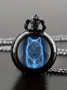 Wolf Pattern Patch Glass Round Quartz Pocket Watch, Men's FashionQuartz Pocket Watch With Chain, Unique Birthday Gift - Black - View 1