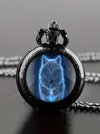 Reloj de bolsillo cuadrado de cuarzo con diseño de patrón de lobo en vidrio, reloj de bolsillo cuadrado de cuarzo para hombres con cadena, regalo de cumpleaños único