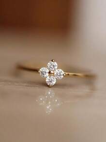 GAGAFEEL 1 Pc Delicate Elegant S925 Sterling Silver Flower Zirconia Ring Four-Leaf Clover Rings For Girl/Women/Girlfriend/Mother Retro Party Dating Gift Daily Wear Birthday Gift Valentines - Gold - View 7