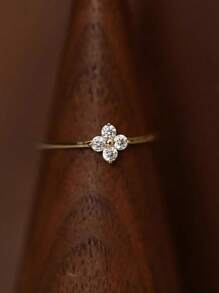 GAGAFEEL 1 Pc Delicate Elegant S925 Sterling Silver Flower Zirconia Ring Four-Leaf Clover Rings For Girl/Women/Girlfriend/Mother Retro Party Dating Gift Daily Wear Birthday Gift Valentines - Gold - View 4