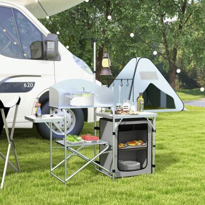 Outsunny Camping Kitchen With Storage Cupboard, Folding Camping Table, Aluminium Portable Picnic Table With Windshield, Light Stand, Carrying Bag For