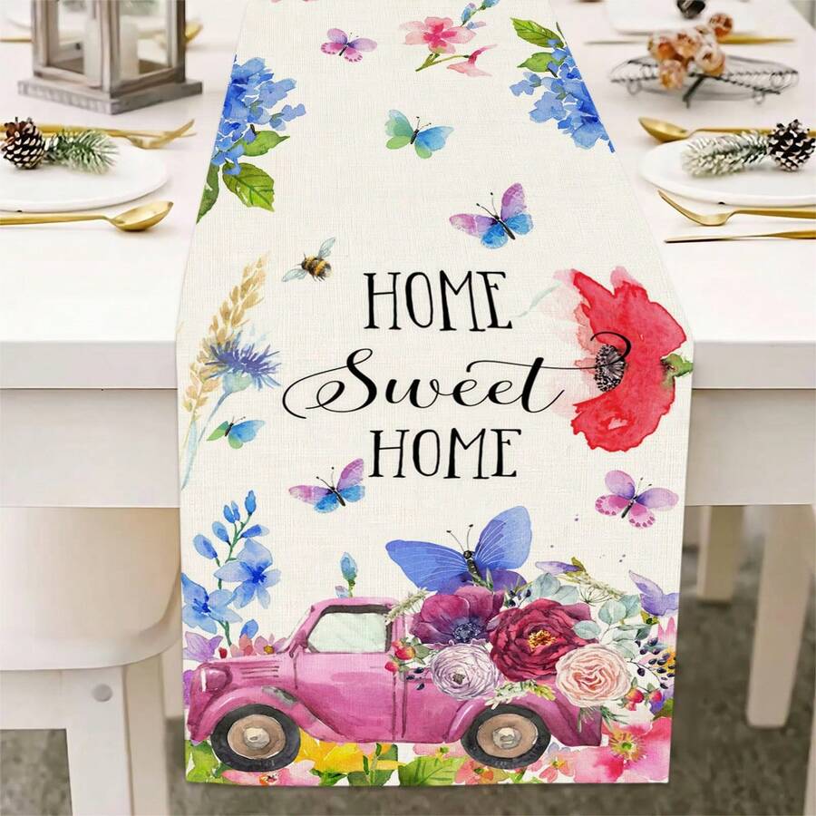 One Truck Flower Printed Table Runner, Minimalist Country Style Linen-Like Rectangular Indoor/Outdoor Festival Decoration For Tables/Cabinets, Suitable For Spring/Summer Home Living Room Desk/Cabinet Decoration - Multicolor - View 1