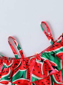 Young Girls' Casual Watermelon Print Short Cami Top And Shorts Set For Summer Playtime - Multicolor - View 3