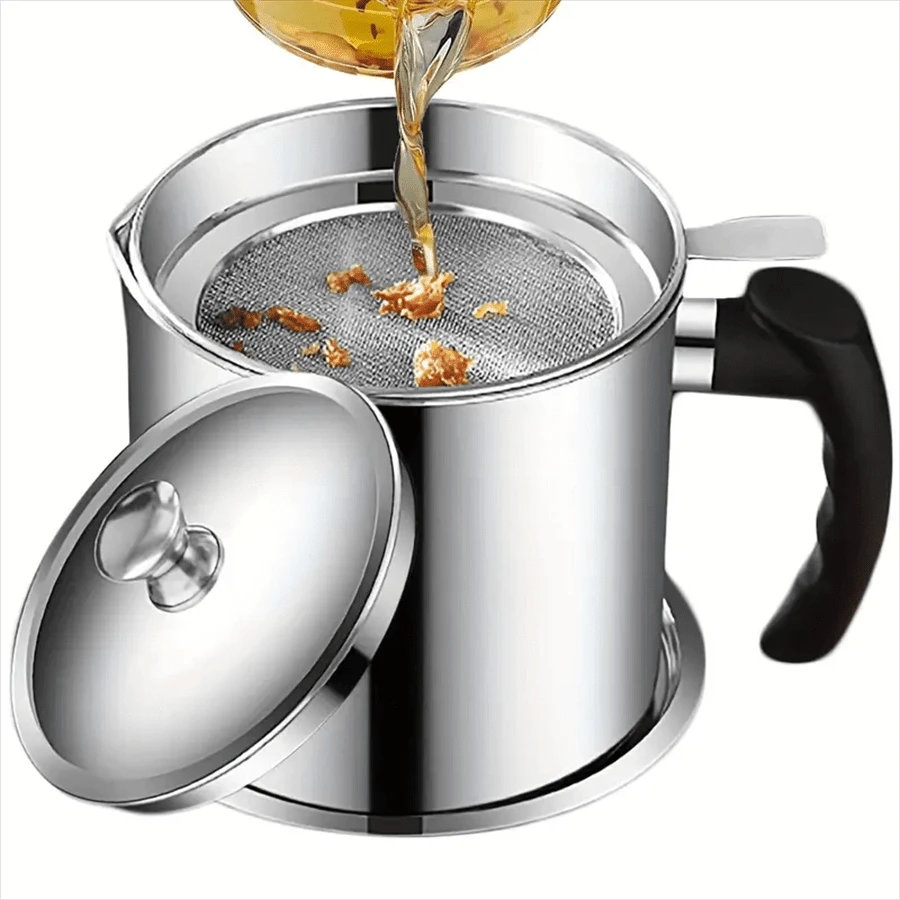 1PC 1.8L/60oz Contenedor de grasa de tocino con colador, bacon grease keeper, lata de almacenamiento de aceite de cocina con filtro y tapa, mango de agarre fácil, para almacenamiento de aceite de cocción y fritura de carne, herramienta de cocina