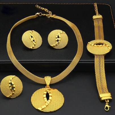 ANIID Bộ trang sức 4 món mạ vàng 24K Ả Rập Xê Út gồm mặt dây chuyền tròn, bông tai, nhẫn và vòng tay, thích hợp cho phụ nữ, cô dâu, phụ kiện cưới, quà tặng cho vợ.