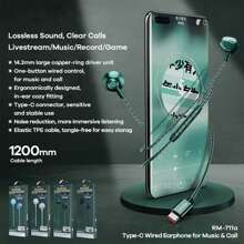 Remax Type-c 有線入耳式耳機與麥克風,可聽歌打電話,立體聲,降噪,tpe耐用電纜,綠色 - 黑色 - 查看 8