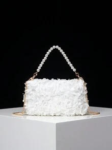 MICHELLE BAG 优雅花卉图案斜挎包，仿珍珠顶部提手手提包，温柔甜美女士钱包、手拿包、新娘包，适合作为女性礼物（随机图案） - 白色 - 查看 5