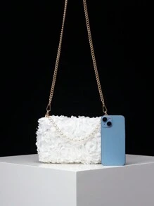 MICHELLE BAG 优雅花卉图案斜挎包，仿珍珠顶部提手手提包，温柔甜美女士钱包、手拿包、新娘包，适合作为女性礼物（随机图案） - 白色 - 查看 7