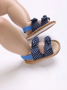 夏季款女童婴儿鞋，0-18 个月时尚波尔卡圆点蝴蝶结婴幼儿凉鞋，防滑软底初学步鞋 - 藍色 - 查看 7