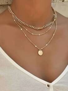 1pc Fashionable Minimalist Versatile Flat Square Chain Circle Golden Shiny Pendant Layered Necklace, Party Gift - Gold - View 1