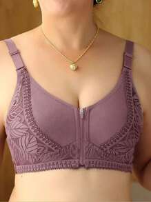 1 件女士无钢圈前拉链软杯文胸，带蕾丝衬垫聚拢支撑，内衣 - 紫色 - 查看 1