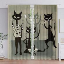 2 cái/bộ Số In ấn Cửa sổ Rèm cửa Với túi Cây gậy , Polyester Chất liệu , Nhà  Đồ trang trí Đối với Phòng khách , Phòng tắm , Phòng ngủ , Phòng ăn , Với Âm nhạc Mèo Thiết kế - màu đen - Xem 1