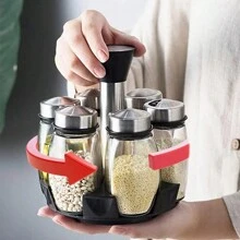 Spice Rack 6 Rotating Glass Jars Condiment Organizer - Black - View 4