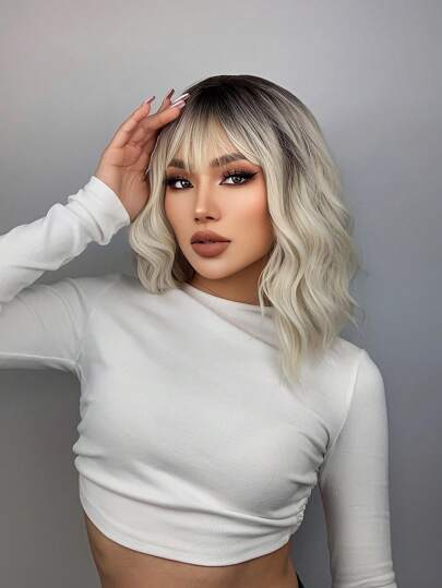 Brown Gradient White Blonde Short Wavy Wigs With Bangs Hair 14 Inch Women's Wigs Synthetic Heat Resistant Wigs Daily Used Hair Beginner Friendly,Suitable For Various Occasions, Including New Year, Parties, Vacations, Winter