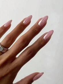 30 piezas de uñas postizas en forma de almendra de color rosa pálido con efecto metálico, de estilo minimalista y delicado, con 1 lima de uñas y 1 juego de uñas de gel de gel