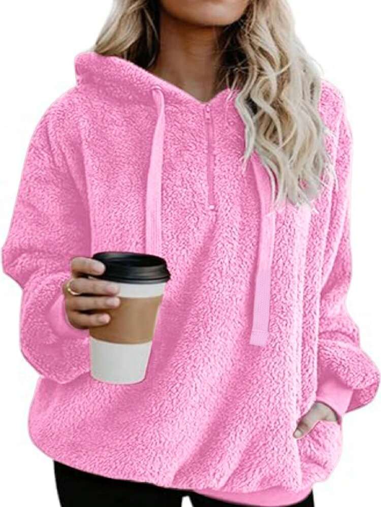 Women's Sherpa Fleece Zip Up Hoodies With Side Pockets - 玫紅色 - 查看 1