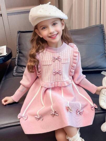 1pc Young Girls' Houndstooth Pattern Bow Decor Sweet Knitted Dress