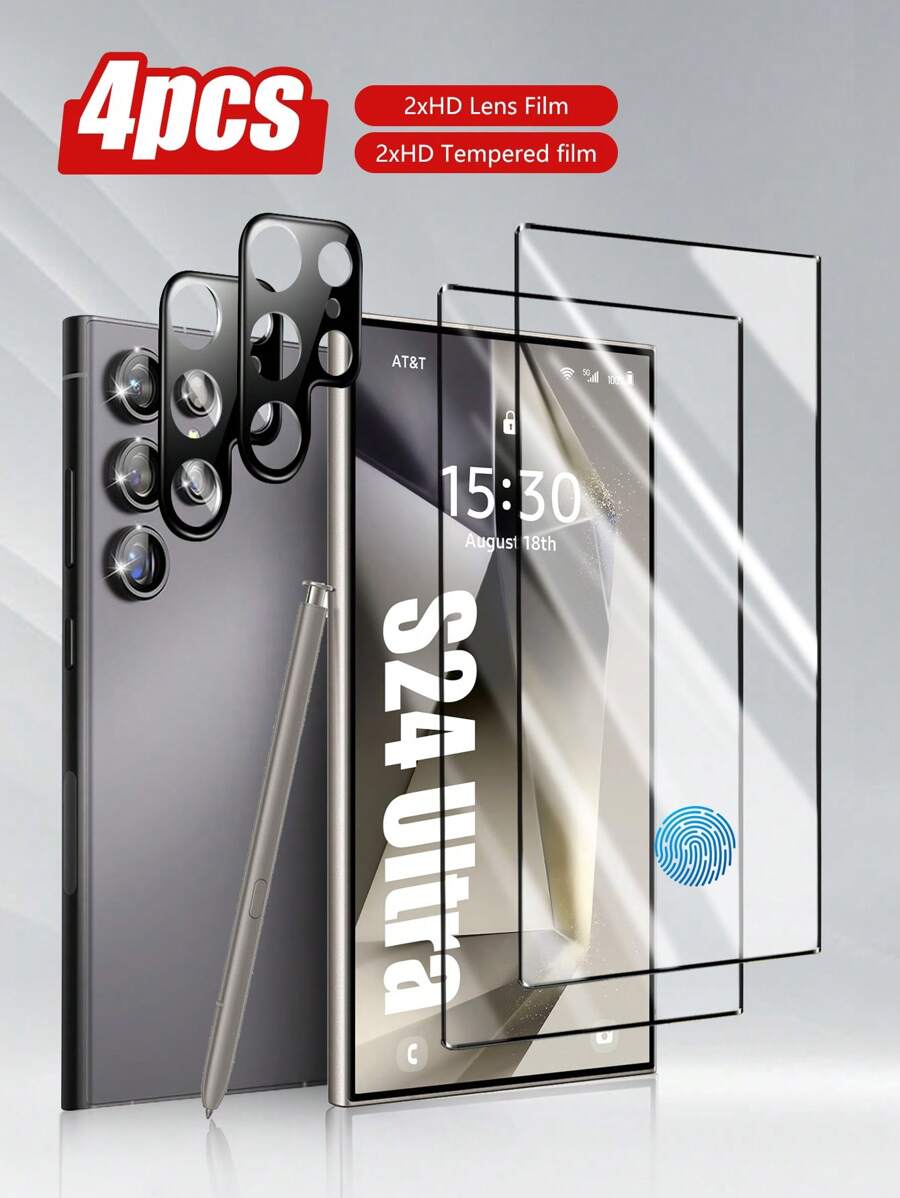 Accesorios de modelo 4 en 1: 2 piezas de protector de pantalla de vidrio templado curvo de alta definición + 2 piezas de protector de lente integrado de alta definición compatible con Galaxy S21/S22/S23/S24 Ultra/S24 FE/S25 Ultra/S25, anti-caída, anti-arañazos, impermeable, regalo para cumpleaños, familia, amigos, protector de pantalla de teléfono, accesorios de teléfono a prueba de golpes y antihuellas dactilares de cobertura completa