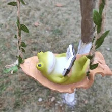 1pc Laid-Back Frog Reading A Book Sculpture, Home Garden Decoration With Rope - Green - View 3