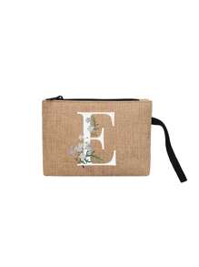 1 件首字母花卉印花亚麻拉链包带化妆包教师答谢礼物生日礼物旅行收纳包：户外美容的完美选择！它是送给母亲、老师、朋友、伴娘、情人节礼物、学生、返校老师的礼物，适合日常使用生日、假期、海滩、旅行、通勤、商务、野餐、露营、超市日常收纳（手提绳方向随机，拉链款式随机）女士沙滩包钱包迷你钱包钱包钱包腕包钱包零钱包 - 卡其色 - 查看 15