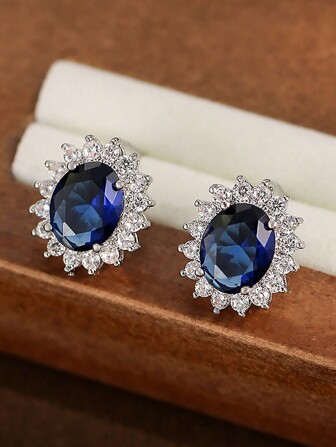 1 Pair Elegant Exquisite Marquise Blue Cubic  Decor Stud Earrings For Women Wedding Dresses Dating Gift