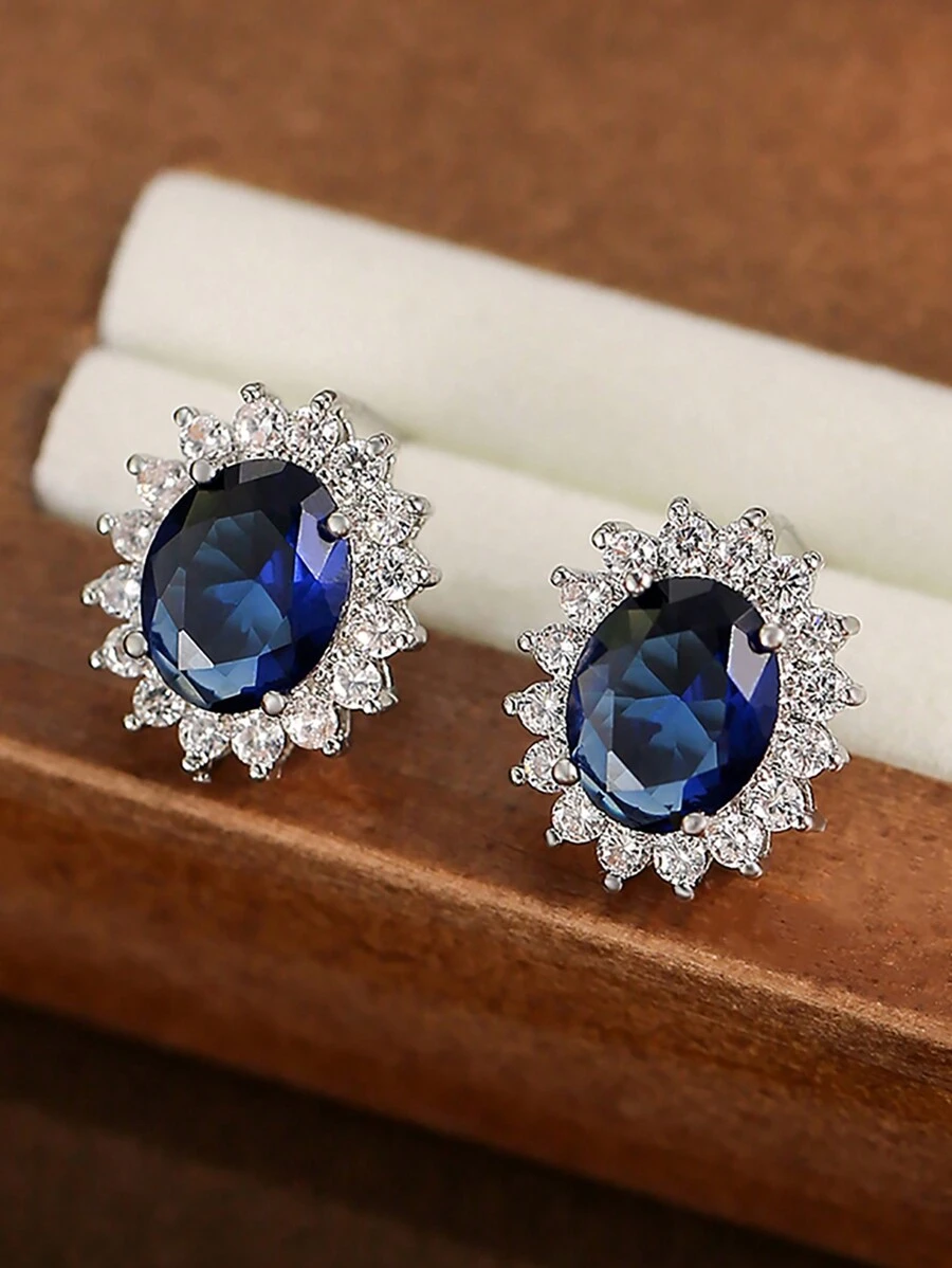 1 Pair Elegant Exquisite Marquise Blue Cubic  Decor Stud Earrings For Women Wedding Dresses Dating Gift - Blue - View 1