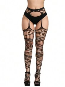 3 Piezas/set Mallas De Red De Pesca Negra Con Liguero Y Agujeros Para Mujeres Para Ropa Interior Sexy De Fiesta (excluyendo Las Bragas) - Negro - Ver 11