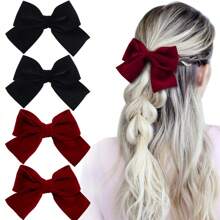 4入組女士絲絨結緞帶髮夾，復古蘿莉塔風格防滑髮飾，配長尾巴，適合日常穿著