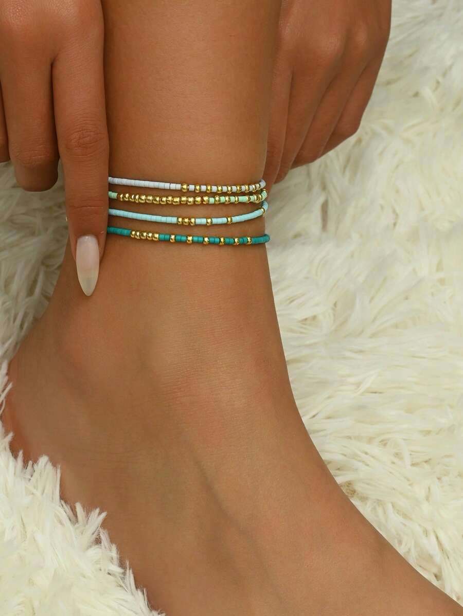 4入組設計時尚的手工珠鏈彈性腳鍊,適用於女性海灘度假用的腳飾 - 彩色 - 查看 1