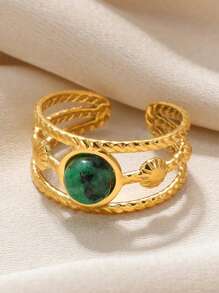 1 Pc Vintage Turquoise Rings For Women Gold Color Stainless Steel Adjustable Open Rings Bohemian Summer Jewelry Gift