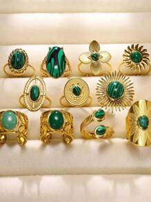 1 Pc Vintage Turquoise Rings For Women Gold Color Stainless Steel Adjustable Open Rings Bohemian Summer Jewelry Gift