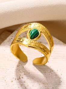1 Pc Vintage Turquoise Rings For Women Gold Color Stainless Steel Adjustable Open Rings Bohemian Summer Jewelry Gift