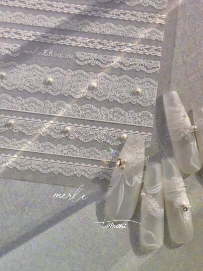 1 Sheet White Lace Nail Art Sticker Manicure Designs Sticker Comes With Pearl Self Adhesive Decoration Decals Nail Stickers DIY