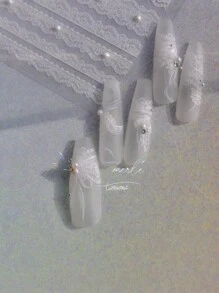 1片白色蕾丝美甲贴纸，仿珍珠图案美甲设计贴纸，自粘装饰美甲贴纸，DIY美甲贴纸，美甲用品，美甲贴纸 - 白色 - 查看 4