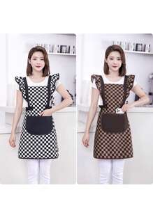 1件方格圍裙帶肩帶,穿著舒適透氣,防污、防油、耐磨耐髒且易於清潔,半長款,防光轉設計 - 圍裙棋盤格 - 查看 3