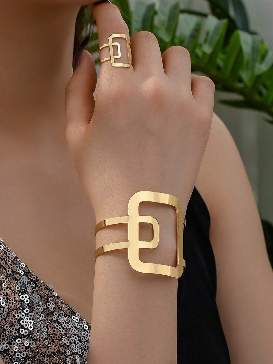 1pc Fashionable Geometric Bangle & 1pc Fashionable Geometric Ring - Yellow Gold - View 1