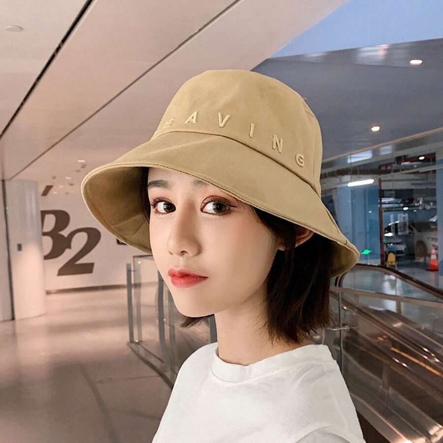 1 件女士字母刺绣渔夫帽，春季户外时尚防晒帽 - 卡其色 - 查看 1