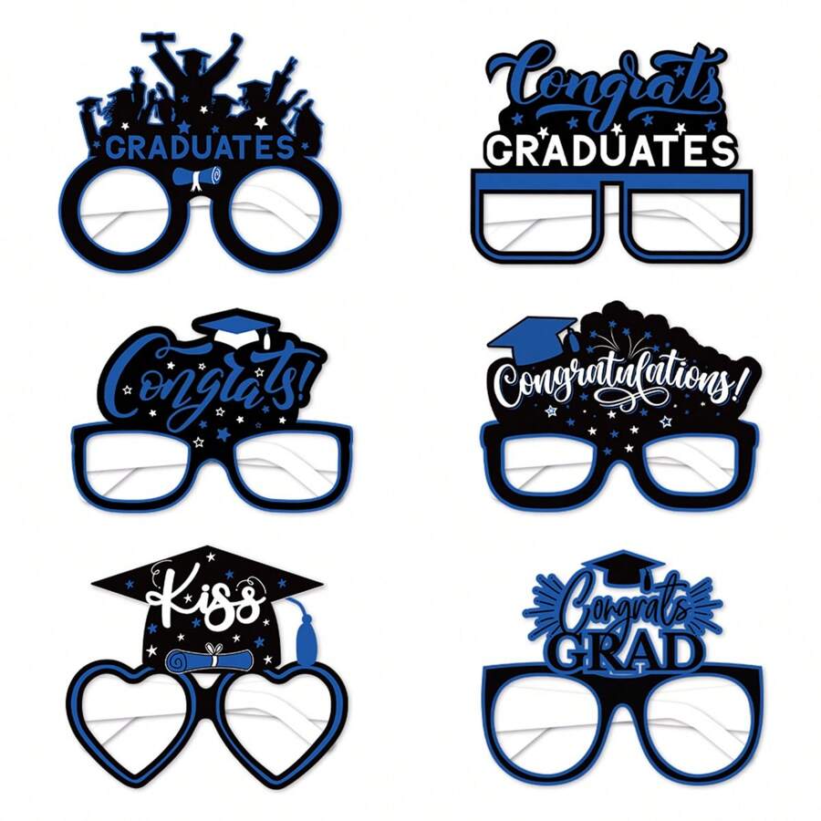 6/12PCS 2024 Graduation Paper Decoration Glasses, Congratulation Graduation, Happy Graduation Graduation - Blue - View 1