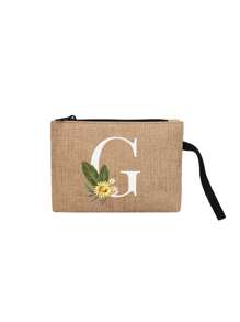 1 件首字母花卉印花亚麻拉链包带化妆包教师答谢礼物生日礼物旅行收纳包：户外美容的完美选择！它是送给母亲、老师、朋友、伴娘、情人节礼物、学生、返校老师的礼物，适合日常使用生日、假期、海滩、旅行、通勤、商务、野餐、露营、超市日常收纳（手提绳方向随机，拉链款式随机）女士沙滩包钱包迷你钱包钱包钱包腕包钱包零钱包 - 卡其色 - 查看 27