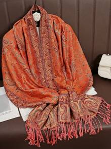 1 件女士时尚保暖佩斯利花纹印花围巾，经典佩斯利头巾和披肩，可搭配长袍穿着。 - 橘色 - 查看 3