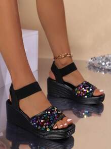 Women Black Wedge Sandals With Platform And Glitter Strap - Black - View 1